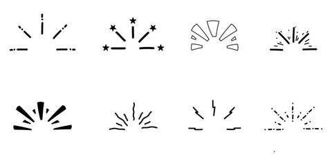Doodle semi-circles with ray, line, star. Set for highlight, comic effect boom, explosion. Line art vector collection isolated on white
