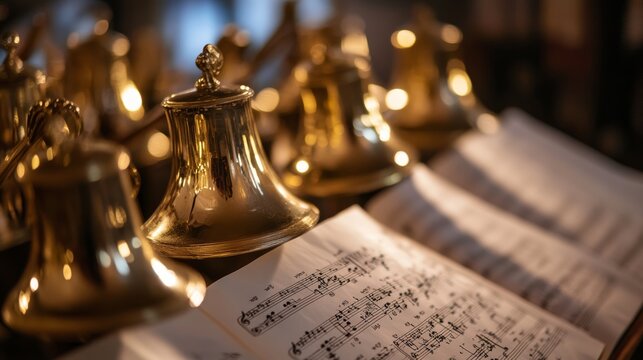 Handbells with sheet of music ready for performance