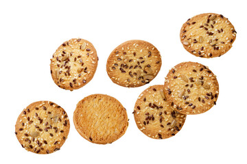 Cookies with flax seeds close-up on white. Isolated