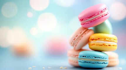 Obraz premium Colorful Macarons on Blue Background with Bokeh