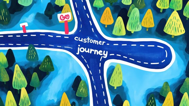 Customer journey concept with minimalist road through forest - top view illustration for design