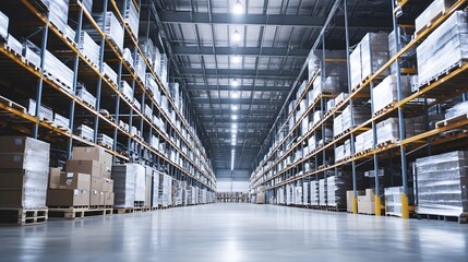 Spacious Warehouse with High Ceilings and Bright Lights
A large warehouse with high ceilings, bright overhead lighting, and long rows of shelves.