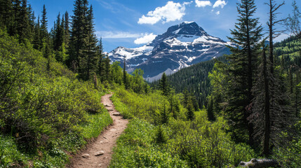 Obraz premium A steep mountain trail winding up through dense forests, leading towards a distant snow-covered peak.