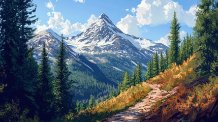 A steep mountain trail winding up through dense forests, leading towards a distant snow-covered peak.