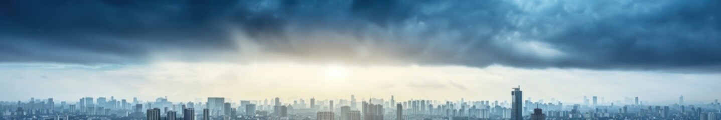Fototapeta premium Dramatic Skyline: Sunrays Piercing Through Storm Clouds Over Cityscape