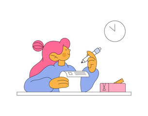 Girl taking test and looking at clock