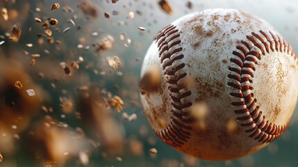A close-up of a baseball in motion, surrounded by flying debris.