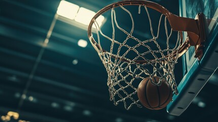 Fototapeta premium A basketball is about to enter a hoop in a gymnasium setting.