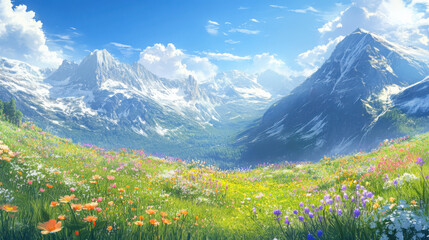 A serene mountain meadow in spring, filled with wildflowers and surrounded by towering peaks under a bright blue sky.