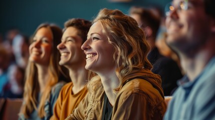 Obraz premium A group of people are sitting in a theater, smiling and laughing