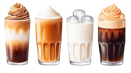 A vibrant display of delightful coffee beverages, showcasing various flavors and textures in stylish glasses.