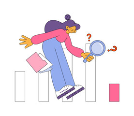 Girl with magnifying glass examins statistics