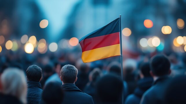 German flag in focus amid blurred urban crowd for national celebration design