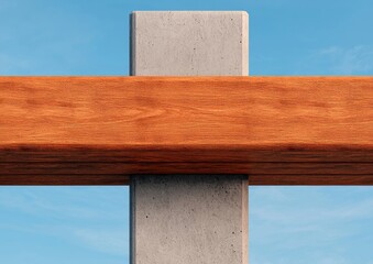 Fototapeta premium A close-up view of a wooden beam intersecting with a concrete pillar under a clear blue sky, showcasing modern architectural design.