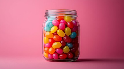 A jar filled with colorful jelly beans against a pink background.