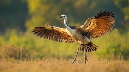 Fototapeta premium A White-Headed Crane Landing with Wings Spread Wide