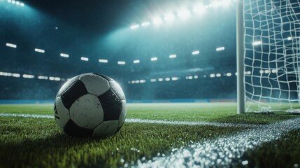 Obraz premium A close-up of a soccer ball on the field near the goalpost, illuminated by stadium lights.