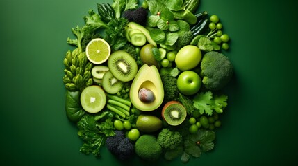 Large collection of green fruit and vegetable pieces and slices top view. Neural network ai generated art