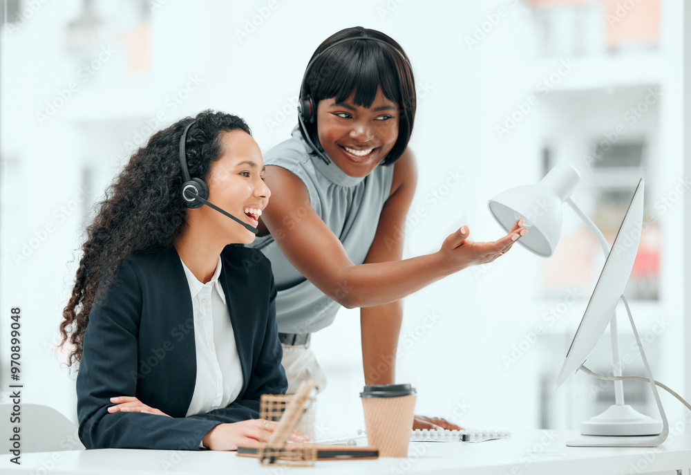 Poster Call center, supervisor or helping consultant on computer for customer service management or explain online system. Telemarketing, women or agent with technical support training, advice or assistance