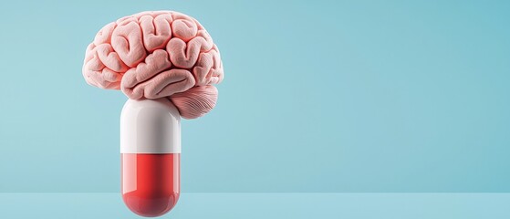 A creative illustration of a human brain atop a capsule, symbolizing health, medicine, and cognitive enhancement.
