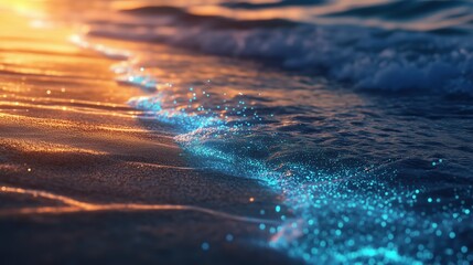 Magical beach at dusk with glowing plankton in 8k high resolution