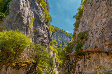 Horma Canyon, Kure Mountains National Park, Kastamonu, Turkey. Wooden walking path.