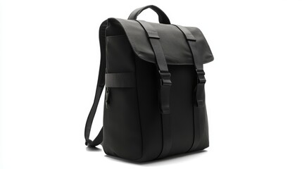 Naklejka premium Mens black backpack made of textile. Isolated on a white background