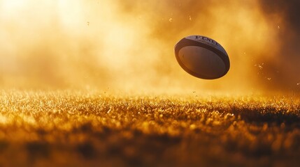A rugby ball suspended in the air against a hazy, golden background.
