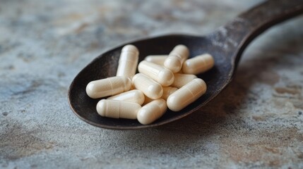 N-acetyl cysteine (NAC) supplement capsules on iron spoon. mental wellbeing and personal health concept
