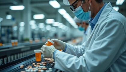 Pharmaceutical factory worker examining medicine bottles in a pill production line, showcasing modern health care and manufacturing technology in the pharmaceutical industry
