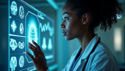 Black female doctor using futuristic hologram technology for medical research and data analysis, showcasing innovation in artificial intelligence and healthcare development