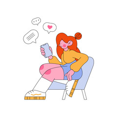Young woman with phone communicating in social networks