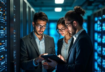 IT specialists analyzing data in a modern datacenter, using tablet to monitor network server connections, database communication, technological systems