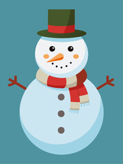 A cheerful snowman proudly wearing a top hat and colorful scarf