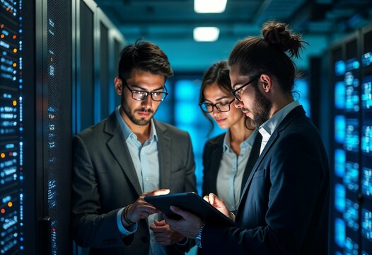 IT specialists analyzing data in a modern datacenter, using tablet to monitor network server connections, database communication, technological systems