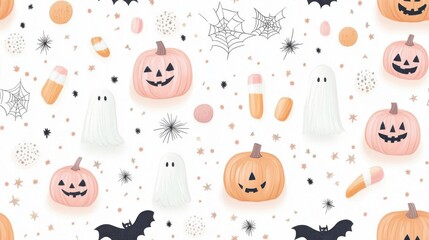 A whimsical Halloween pattern featuring pumpkins, ghosts, bats, and cobwebs, perfect for festive decorations and designs.