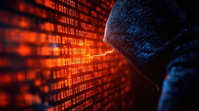 A mysterious figure in a hooded sweatshirt interacts with a glowing digital interface, representing themes of cybersecurity and hacking.