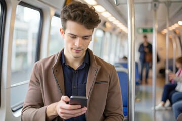 Young Adult on Subway with Phone: A young adult scrolling through their phone on a subway.
