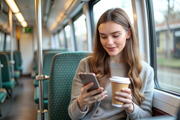 Young Woman with Coffee on Tram: A young woman with a coffee cup, using her phone on a tram.
