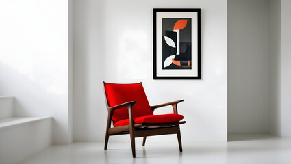 Modern minimalist interior with red mid-century chair and abstract wall art