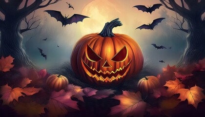 Haunted Autumn: A Pumpkin Surrounded by Bats and Falling Leaves"