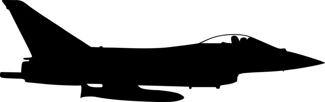 Vektor Silhouette Kampfjet von der Seite bewaffnet - Luft&uuml;berwachung, Krieg und Konflikt - Streitkr&auml;fte - Kampfpilot im Einsatz