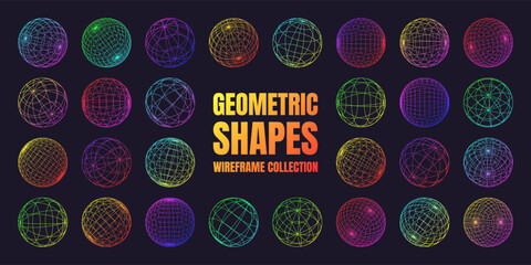 Neon wireframe shapes, lined sphere. Perspective mesh, 3d grid. Low poly geometric elements. Retro futuristic design elements, y2k, vaporwave and synthwave style. Vector illustration