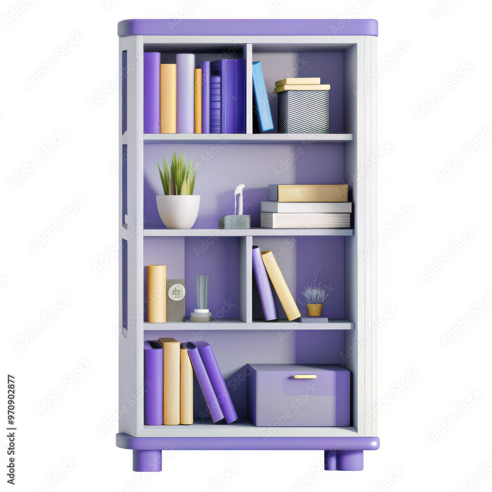 Poster the image shows a 3d render of a bookshelf with colorful books and decorative items creating a visua