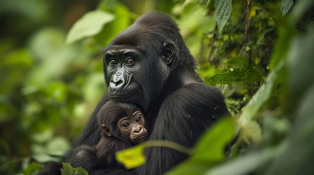 Adult female gorilla with baby Gorilla beringei beringei in the lush foliage of the Bwindi Impenetrable forest Uganda. Members of the Muyambi family habituated group of the conservation programme.
