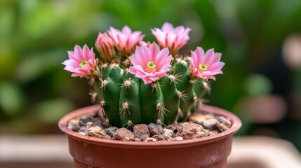 Pink Blooming Cactus Plant in Pot with Spikes and Green Background
