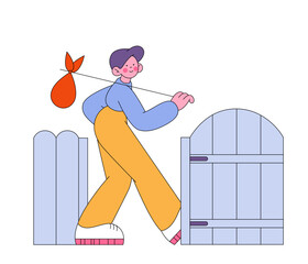 Man walking out the gate with a bindle