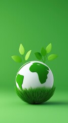A vibrant green globe surrounded by leaves, symbolizing eco-friendliness and sustainability in a clean environment.
