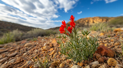 Obraz premium A vibrant red Sturt's desert pea blooming in the dry soil of the Australian Outback, contrasting against the rocky landscape 