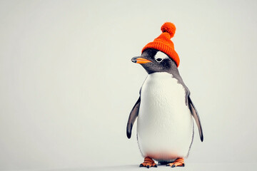 Penguin wearing an orange beanie standing on a light background, creating a fun and cozy winter vibe